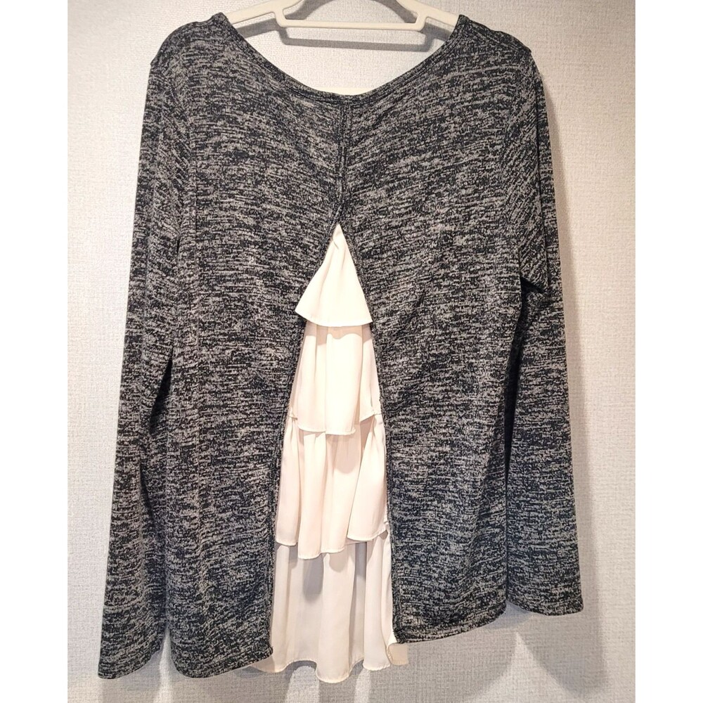 Wrangler Women's XXL Gray Marled Knit Long Sleeve Top Chiffon Layer Hem Ruffle